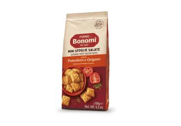 Sluoksniuotos tešlos užkandžiai FORNO BONOMI, su pomidorais ir raudonėliu, 150 g