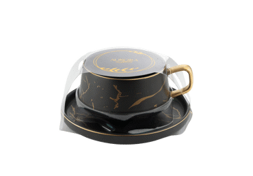 Puodelis su lėkštute AURORA Luxury Black, 340 ml