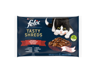 Kačių ėdalas FELIX TASTY SHREDS su įvairia mėsa, 4 x 80 g, 320 g