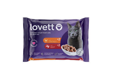 Konservuotas suaugusių kačių ėdalas drebučiuose LOVETT su jautiena, vištiena, 400 g