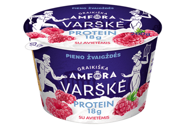 Varškė GRAIKIŠKA AMFORA su avietėmis, 0,8% rieb., 200 g