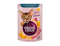 Delickcious™ „Juostelės su antiena ir moliūgu kreminėje sriuboje“ visavertis konservuotas maistas suaugusioms katėms, 85 gr