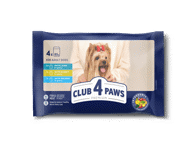 Club 4 Paws Premium su lašiša, triušiena ir ėriena, konservuotas pašaras mažų veislių suaugusiems šunims, 4 x 85 g