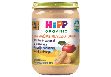 Ekologiška obuolių ir bananų tyrelė HIPP su sausainiais, nuo 4 mėn., 190 g