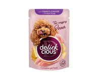 Delickcious™ „Juostelės su kalakutiena ir sūriu kreminėje sriuboje” visavertis konservuotas pašaras suaugusiems šunims, 85 gr