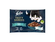 Kačių ėdalas FELIX TASTY SHREDS su įvair. žuvimis, 4 x 80 g, 320 g