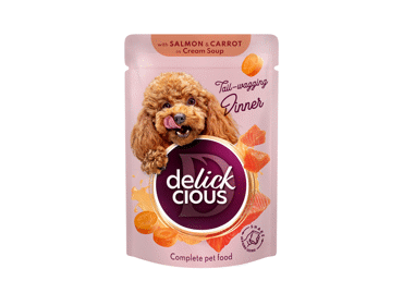 Delickcious™ „Juostelės su lašiša ir morkomis kreminėje sriuboje“ visavertis konservuotas maistas suaugusiems šunims, 85 gr