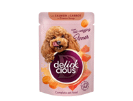 Delickcious™ „Juostelės su lašiša ir morkomis kreminėje sriuboje“ visavertis konservuotas maistas suaugusiems šunims, 85 gr