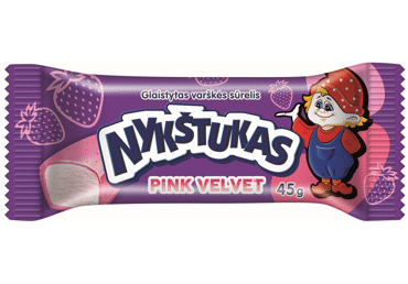 Glaist. varškės sūrelis NYKŠTUKAS PINK VELVET su braškėmis, 23,5 % rieb., 45 g