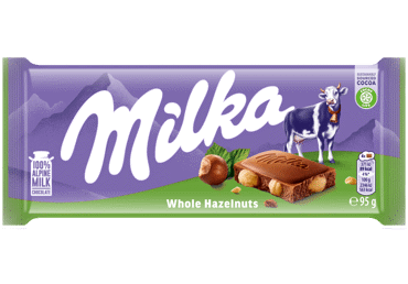 Pieninis šokoladas MILKA su neskaldytais lazdynų riešutais, 95 g