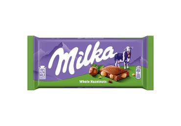 Pieninis šokoladas MILKA su neskaldytais lazdynų riešutais, 95 g