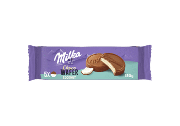 Vafliai MILKA su kokosų įdaru, glaist. pien. šokoladu, 150 g