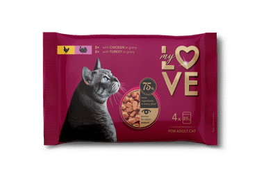 My Love visavertis konservuotas pašaras suaugusioms katėms su vištiena ir kalakutiena padaže, 4 x 85 g