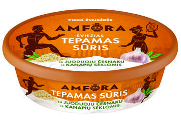Tepamas sūris AMFORA su juoduoju česnaku ir kanapių sėklomis, 24 % rieb., 180 g