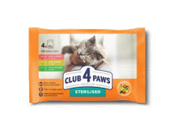 Club 4 Paws Premium visavertis konservuotas pašaras suau gusioms sterilizuotoms katėms su kalakutiena ir triušiena padaže, 4x85 gr