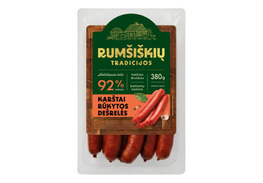 Karštai rūkytos klasikinės dešrelės RUMŠIŠKIŲ TRADICIJOS, aukščiausia rūšis, 380 g