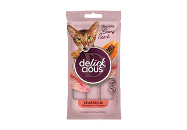 Delickcious™ Kreminiai skanėstai jūrų karšio skonio su papajomis. Pašaro papildas suaugusioms katėms, 60 gr