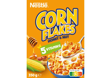 Sausi pusryčiai NESTLE CORN FLAKES su medumi ir riešutais, 350 g