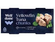 Gelsvauodegių tunų gabaliukai savo sultyse WELL DONE, 240 g
