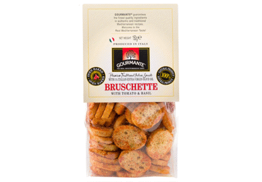 Krekeriai BRUSCHETTE GOURMANTE, su pomidorais ir baziliku, 150 g
