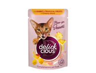 Delickcious™ „Dribsniai su triušiena ir tropiniais vaisiais kreminiame padaže“ konservuotas maistas suaugusioms katėms, 80 g