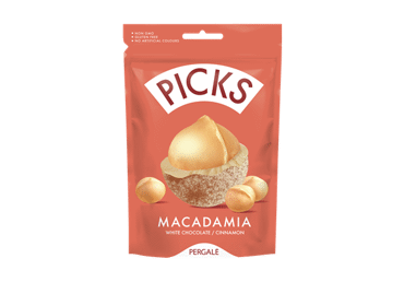 Makadamijos riešutai PICKS baltajame šokolade su cinamonu, 90 g